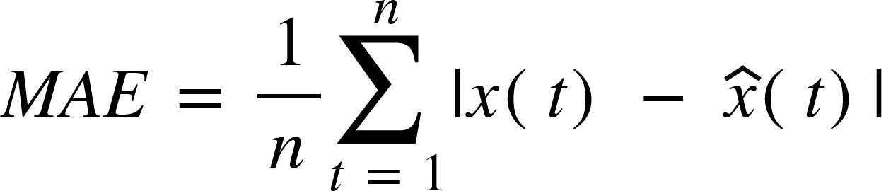 {"mathml":"<math style=\"font-family:stix;font-size:16px;\" xmlns=\"http://www.w3.org/1998/Math/MathML\"><mstyle mathsize=\"16px\"><mi>M</mi><mi>A</mi><mi>E</mi><mo> </mo><mo>=</mo><mo> </mo><mfrac><mn>1</mn><mi>n</mi></mfrac><munderover><mo>∑</mo><mrow><mi>t</mi><mo> </mo><mo>=</mo><mo> </mo><mn>1</mn></mrow><mi>n</mi></munderover><mo>|</mo><mi>x</mi><mfenced><mi>t</mi></mfenced><mo> </mo><mo>-</mo><mo> </mo><mover><mi>x</mi><mo>^</mo></mover><mfenced><mi>t</mi></mfenced><mo>|</mo></mstyle></math>","truncated":false}