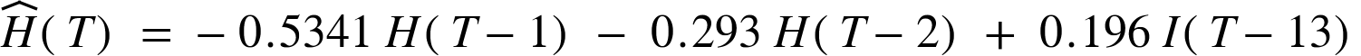 {"mathml":"<math style=\"font-family:stix;font-size:16px;\" xmlns=\"http://www.w3.org/1998/Math/MathML\"><mstyle mathsize=\"16px\"><mover><mi>H</mi><mo>^</mo></mover><mfenced><mi>T</mi></mfenced><mo> </mo><mo>=</mo><mo> </mo><mo>-</mo><mn>0</mn><mo>.</mo><mn>5341</mn><mo> </mo><mi>H</mi><mfenced><mrow><mi>T</mi><mo>-</mo><mn>1</mn></mrow></mfenced><mo> </mo><mo>-</mo><mo> </mo><mn>0</mn><mo>.</mo><mn>293</mn><mo> </mo><mi>H</mi><mfenced><mrow><mi>T</mi><mo>-</mo><mn>2</mn></mrow></mfenced><mo> </mo><mo>+</mo><mo> </mo><mn>0</mn><mo>.</mo><mn>196</mn><mo> </mo><mi>I</mi><mfenced><mrow><mi>T</mi><mo>-</mo><mn>13</mn></mrow></mfenced></mstyle></math>","truncated":false}